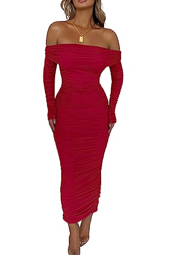 PRETTYGARDEN Women's Fall Off Shoulder Maxi Bodycon Dress Long Sleeve Ruched Fitted Club Dresses with Slit (Red,Small)