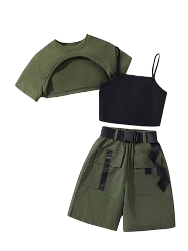 Image of SweatyRocks Girl's 3 Piece Outfits Short Sleeve Crop Top and Camisole with Cargo Shorts Set Multicolor 9Y
