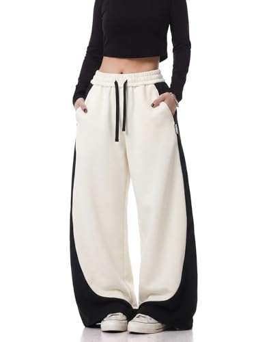 EMMIOL Barrel Sweatpants for Women Baggy High Waisted Y2K Barrel Leg Joggers with Contrast Side Panels and Pockets Apricot