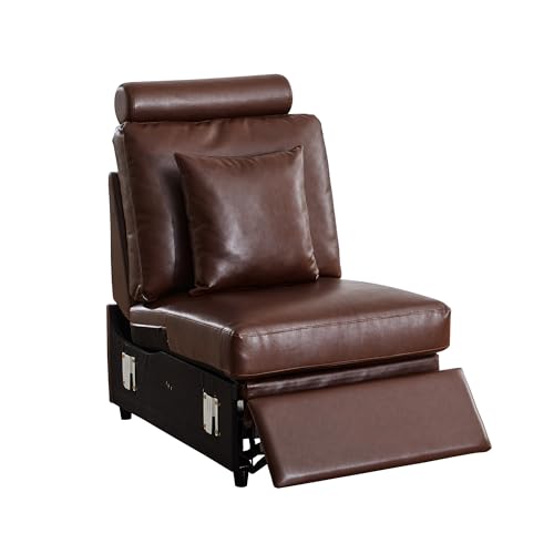 Image of RARZOE Modular Sectional Couch Power Recliner Module, Faux Leather Power Reclining Chair with Headrest, Modular Sectional Sofa Module for Living Room Home Theater, Brown