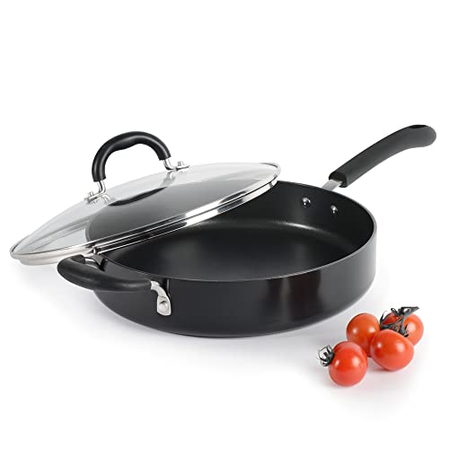 ProCook Gourmet Non-Stick - Sauteuse Mijoteuse - 28cm /3,4L - Compatible Induction Revêtement Antiadhésif - Couvercle Verre Trempé - Manche & Poignée Auxiliaire en Silicone Isolant Cover