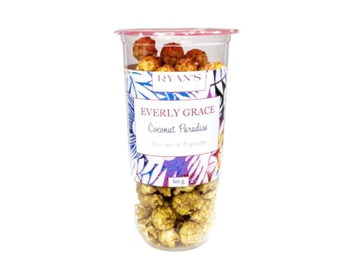 Everly Grace Popcorn – Coconut Paradise, 60 g – Palomitas de caramelo con leche de coco y copos de coco en un vaso práctico, perfecto para llevar