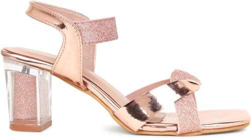 Image of Action Women's Rose Gold Glitter Sandals| Clear Block Heel| Cross-Strap Design with Ankle Strap Bronze