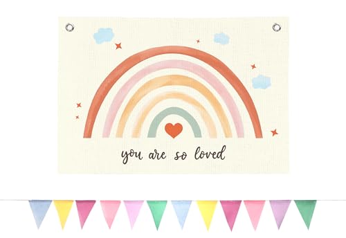 BOQTMK Rainbow Wall Decor Set, Rainbow Heart and Stars Linen Banner 30x20 In +Colorful Triangle Flag 4m 12Pcs Linen Decor, Boho Banner Wall Hanging Decor for Girls Baby Kids Bedroom Nursery Playroom