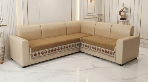 Image of Velvet Quilted Sofa Cover Mat Seat & Back, L Shape 3+2, Main L69in Chaise L46in H32in, Gold Color,Anti Skid Backing, 6in Hanging Strap Design, Washable Soft, Style -Gold-L32