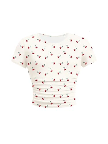SweatyRocks Girl's Cherry Print Ruched T Shirt Short Sleeve Cute Tee Crop Tops