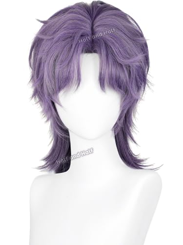 Image of Half and Half Gray Purple Wolf Cut Anime Cosplay Wig with Bangs 15'' Dark Purple Shoulder Length Middle Part Layered Wigs for Men Women Halloween Party Daily