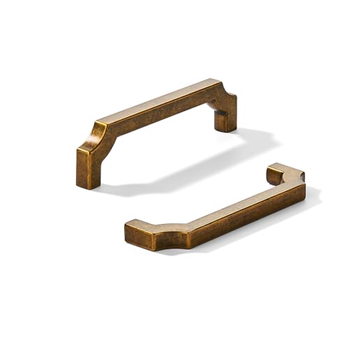 khtumeware 2-Pack 3-1/2 Inch Square Antique Brass Cabinet Pulls Solid Zinc Alloy Heavy-Duty Handles for Kitchen/Bathroom Cabinets Drawers & Cupboards (3-1/2 Inch Center to Center)