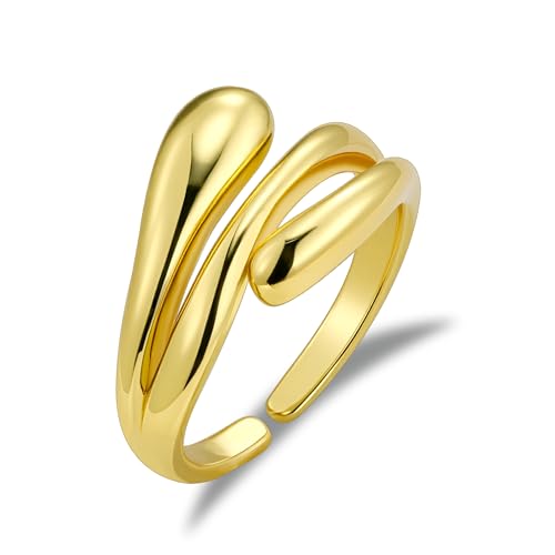 ALEXCRAFT Anillo Mujer Oro, Anillos de Serpiente Abierto Ajustable Apilable, Anillos de Gota de Agua, Hipoalergénico, Grueso, Acero, Oro 14 Quilates, Anillo Amistad para,Mujeres, Niñas y Hombres