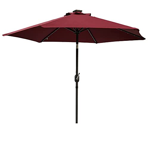 Green Bay 2.5M Garden Parasol with Solar LED Lights and Crank Tilt Mechanism Patio Umbrella Outdoor Sun Shade Canopy UV Protection Wine Red