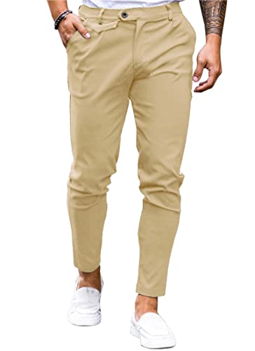 Image of Mens Chinos Slim Fit Pants Stretch Tapered Dress Pant Casual Trousers | Skinny Slacks, Flat Front Design, Stretch Cotton Fabric, Solid or Plaid, Work Dress Pants, Business Casual Wear