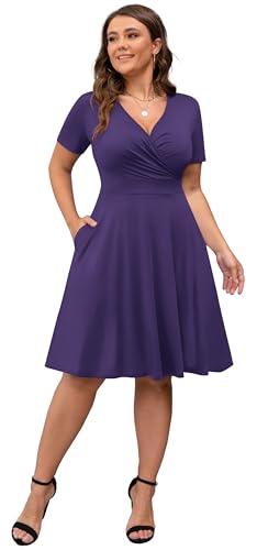 Image of POSESHE Womens Plus Size Dresses Summer Short Sleeve Wrap V-Neck Sundress Casual Wedding Guest Cocktail Dress with Pockets