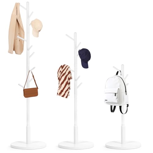 Relquorax Garderobenständer, Kleiderständer aus Buchenholz Massivholz in Baumform für Kleidung, 9 Haken, 185 x 38 x 38 cm, für Jacken, Hüte, Taschen, Eingang, Flur, Büro, Schlafzimmer (Weiß)