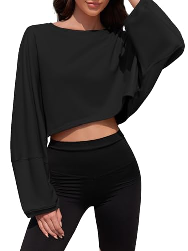Tankaneo Womens Ballon Long Sleeve Crop Tops Workout Shirts Fall Sweatshirt | Cropped Sweatshirt, Sweatshirt for Women, Crewneck Sweatshirts, Pullover, Loose Fit, Active, 2026 Fall Winter Outfits - image 4