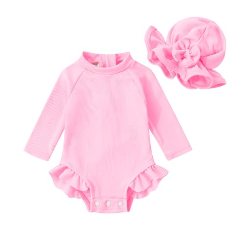 Image of YOUNGER TREE Infant Baby Girls Swimsuit Long Sleeve Swimsuits One Piece Swimsuit Solid Color Bathing Suit with Hat, UPF 50+