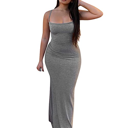 Damen Sexy Casual Langes Kleid Elegant Ärmellos Rückenfrei Skinny Spaghetti-Träger Maxikleid(Gray-1,S)