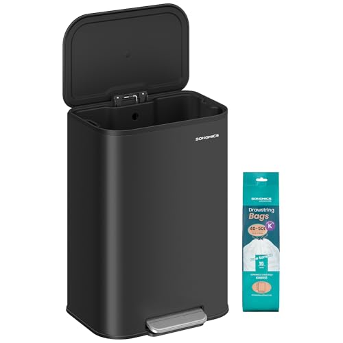 Image of SONGMICS Kitchen Trash Can, 13-Gallon (50 L) Garbage Can with Lid, Stainless Steel, Soft Close and Stays Open, Inner Bucket, Wide Non-Slip Pedal, Ink Black ULTB547B01