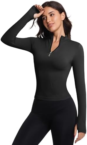 YOAKUKA Women's Long Sleeve Workout Tops Quarter Zip Pullover Workout Shirt Quick Dry Athletic Tops with Thumb Holes