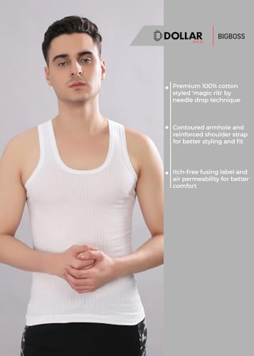 Image of Dollar Bigboss Men's White Solid Cotton Regular Vest