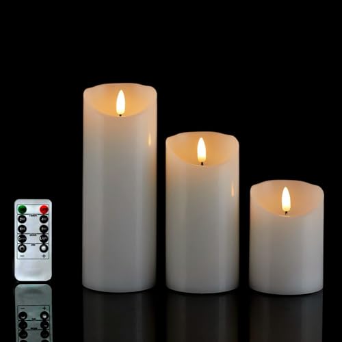 Image of Flameless Candles Battery Operated Set of 3(H4 6 inch 8 inch x D3 inch) Flickering Flameless Candles with Remote LED Candles for Festival, Birthday, Events, Home and Party Decor (White)