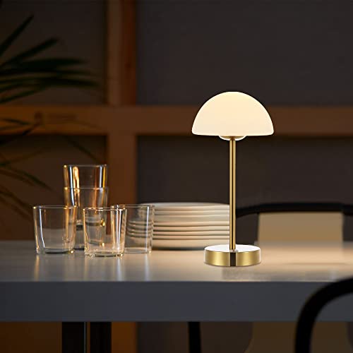 Image of JONATHAN Y Xavier 12.5 inch Metal Cordless LED Table Lamp, Brass Gold | Rechargeable, Dimmable Touch Sensor, White Frosted Glass Dome, Portable Minimalist Accent Light, Integrated Bulb Included
