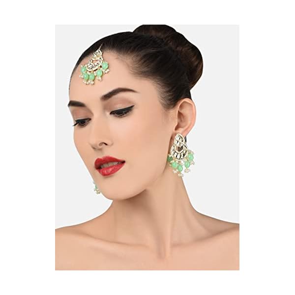 ZAVERI PEARLS Green Bead Drops Crescent Shape Kundan Earring & Maangtikka Set -ZPFK11542 - Image 4