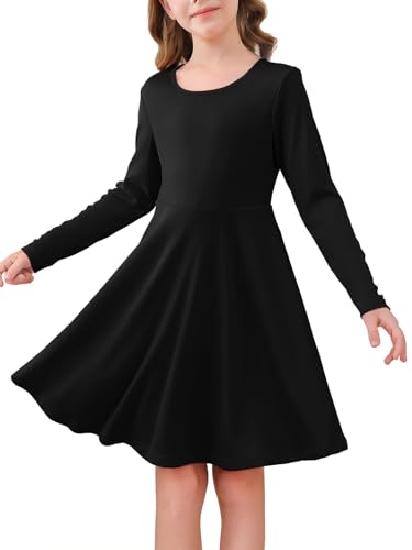 Haloumoning Vestido de niña de manga larga con cuello redondo, vestido de ocio, línea A, elegante, vestido de fiesta, monocromo, casual, midi, vestido festivo, para boda, vestidos para niños de 5 a 14