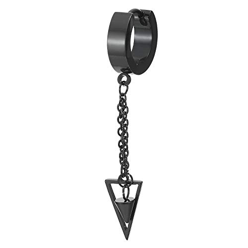 Black Steel Huggie Hinged Earrings With Long Chain Dangling Cone And Hollow Triangle Men Women, 2Pcs #TOP1