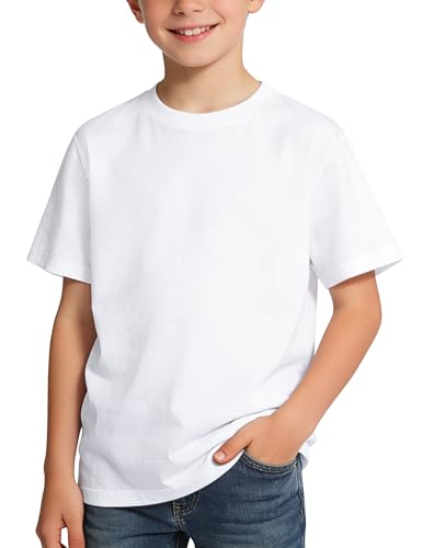 BOOPH Boys Shirts Short Sleeve T-Shirts Kids Basic Crew Neck Tops Casual Cotton Tees Clothes 11-12 Years White