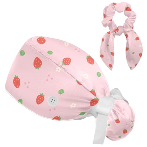 IROLSKDNFH Women Working Cap with Buttons and Sweatband Cute Strawberries and Flowers Leaves Ribbon Tie Back Bouffant Hat