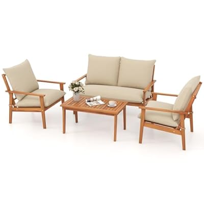Tangkula 4 Pieces Patio Furniture Set, Outdoor Acacia Wood Conversation Set with Soft Cushions and Coffee Table, Outdoor Sectional Sofa Set for Lawn, Garden, Backyard and Poolside (1, Natural)