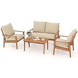 Tangkula 4 Pieces Patio Furniture Set, Outdoor Acacia Wood Conversation Set with Soft Cushions and Coffee Table, Outdoor Sectional Sofa Set for Lawn, Garden, Backyard and Poolside (1, Natural)