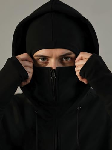 Image of ADRO Men Balaclava Hoodies | 320 GSM Soft Cotton Zipper Hoodie | Thumb-Hole Cuff Gloves | Travel Jacket with Hood | Winter Sweatshirt