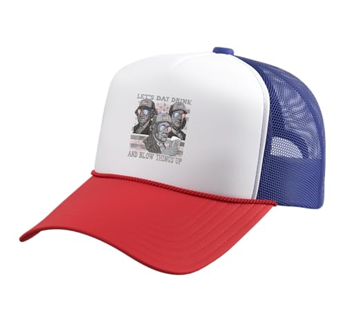 Let's Day Drink and Blow Things up 4th of July President Men Trucker Hat with Adjustable Mesh Back, Red/White/Royal Blue