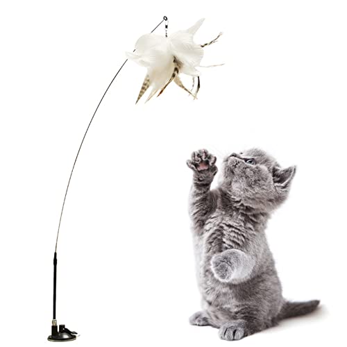 NZXVSE Baguette interactive à plumes pour chat, ventouse puissante, 100 cm, élastique, recharge queue d'oiseau et plumes naturelles, pour les chats d'intérieur et les chatons Cover