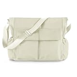 Canvas Messenger Bag Crossbody Shoulder Bag for Men and Women Vintage Tote Laptop Bag Large Hobo Bag with Multiple Pockets (Off-White)