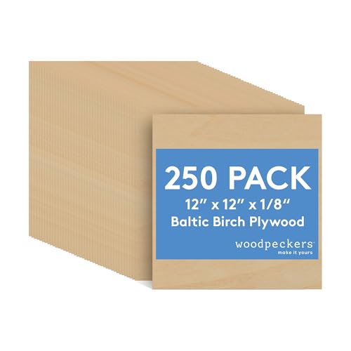 Baltic Birch Plywood, 3 mm 1/8 x 12 x 12 Inch Craft Wood, Box of 250 B/BB Grade Baltic Birch Sheets, Perfect for Laser, CNC Cutting and Wood Burning, by Woodpeckers