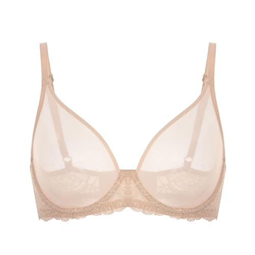 DELIMIRA Women's Sheer Mesh Bra See Through Plus Size Sexy Full Coverage Underwire Unlined Bras Beige 34F