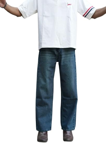 Image of Baggy Fit Denim Jeans for Men, Mid Rise Loose Fit Wide Leg Blue Washed Trousers for Casual Streetwear, Travel, College, Weekend Outings and Everyday Use
