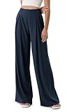 ODODOS Chiffon Flowy Pleated Wide Leg Pants for Women Lightweight High Waist Trouser with Pockets-31 Inseam, Dark Blue, X-Small