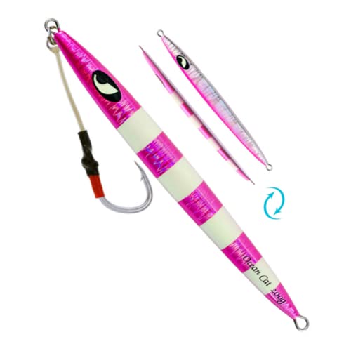 OCEAN CAT Slow Pitch Jig Flat Fall Jigging Fishing Lures Vertical Jigs Jigging Baits with Assist Slow Pitch Jig Hook for Saltwater Fishing 60G/100G/150G/200G/250G (120G, Style-03: Pink Color)