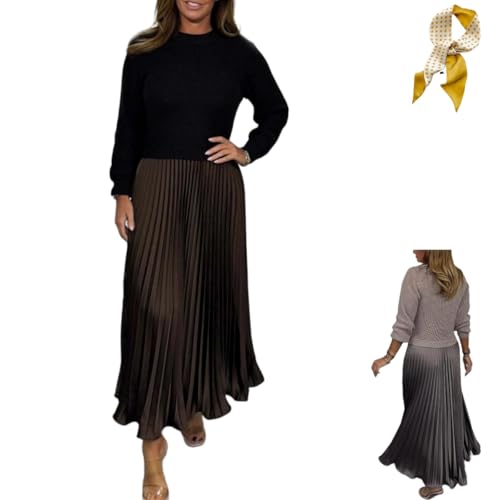 Women's Solid Color Long Sleeve Jumper & Pleated Bottom Dress Fashion,Casual Patchwork Sweatshirt Crewneck Maxi Dresses