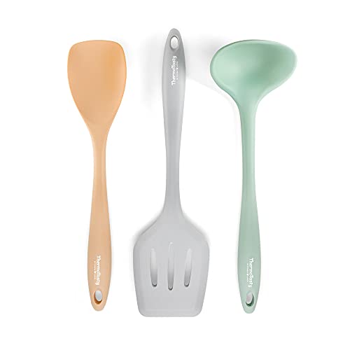 ThermoTasty Silikon Küchenhelfer 3er-Set Pfannenwender Suppenlöffel Suppemkelle Spatel Cover