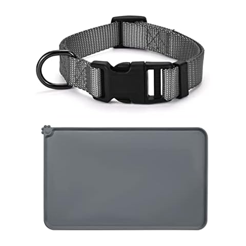 AUDWUD 18.5" x 11.5" Pet Feeding Mats and 14"-21" Classic Adjustable Dog Collar,Both in Gray Color,2 Item Bundle Cover