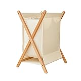 Beech Laundry Hamper Wooden X Frame Foldable Laundry Basket w/Cotton Liner Fabric Bag Toy Clothes Sorter Organizer for Bathroom