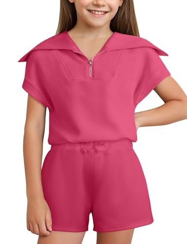 Image of Girls Clothes Solid Lapel Neck Quarter Zipper Cap Sleeve Top and Shorts Set Size 7-14 Years