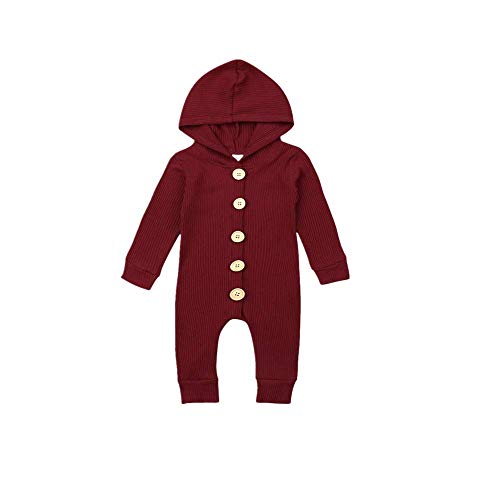 TiendaDeLage Unisex Newborn Baby Girls Boys Solid Button Hoodie Romper Jumpsuit Pajamas Fall Knitted Outfit (Wine Romper,0-3 Months)