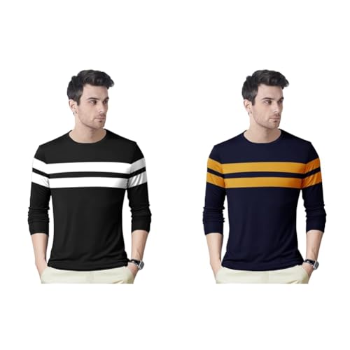 Image of EYEBOGLER Round Neck Full Sleeve Striped T Regular Fit Shirt for Men (Pack of 2)
