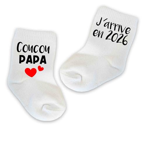 Chaussettes Annonce Grossesse Personnalisées – Cadeau Original Bébé 2025/2026 – Message Surprise Future Mamie, Papy, Marraine – Avec ou Sans Pochette Cadeau (Coucou PAPA j'arrive en 2026)