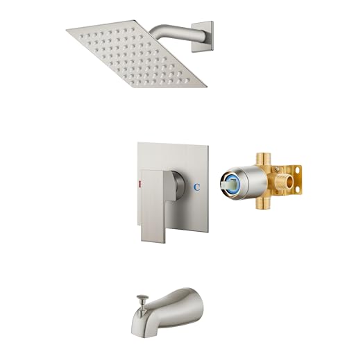 Airuida Shower Faucet Set with Tub Spout Bathtub Faucet Kit Shower Tub Faucet Set Complete Tub Shower Trim Kit with Solid Brass Rough-in Valve and 6 Inch Rainfall Square Showerhead Brushed Nickel